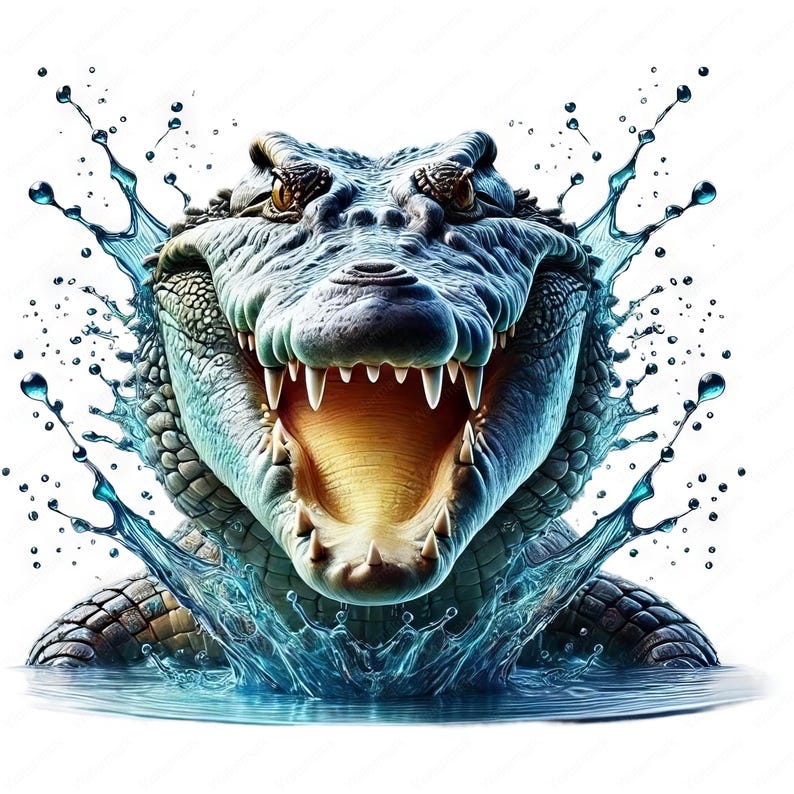 May include: A close-up of an alligator's head with its mouth open, showing sharp teeth. The alligator is emerging from the water, creating a splash of blue water droplets.
