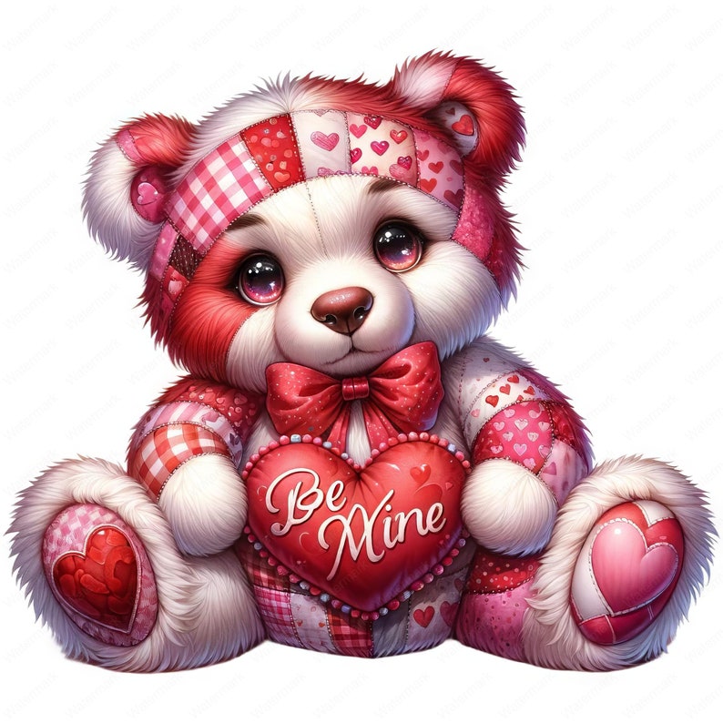 May include: A red and pink patchwork teddy bear holding a red heart-shaped pillow that says "Be Mine".