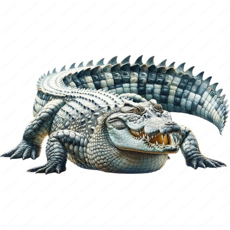 May include: A large, gray crocodile with a textured, scaly skin. The crocodile has its mouth open, revealing sharp teeth. The crocodile is lying on its belly with its tail curled up behind it.