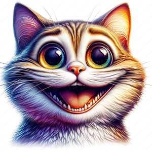 May include: A close-up of a cat with large, colorful eyes and a wide, toothy grin. The cat's fur is a mix of brown, white, and black, and its eyes are a vibrant rainbow color.