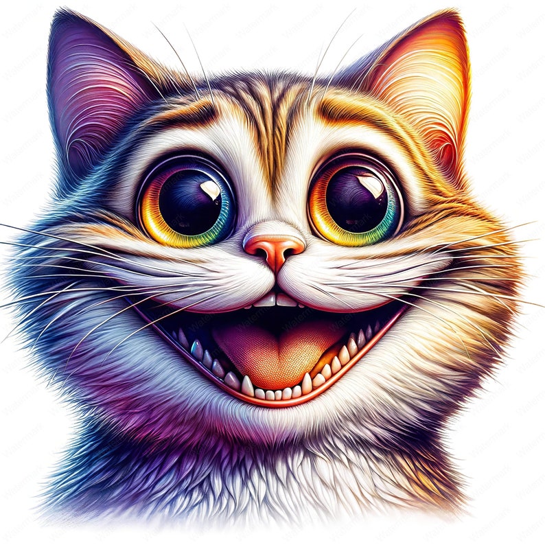 May include: A close-up of a cat with large, colorful eyes and a wide, toothy grin. The cat's fur is a mix of brown, white, and black, and its eyes are a vibrant rainbow color.