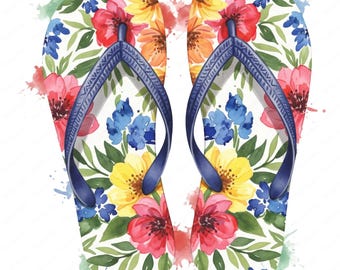 Watercolor Floral Flip Flop Clipart, Summer PNG Designs (Digital Download)