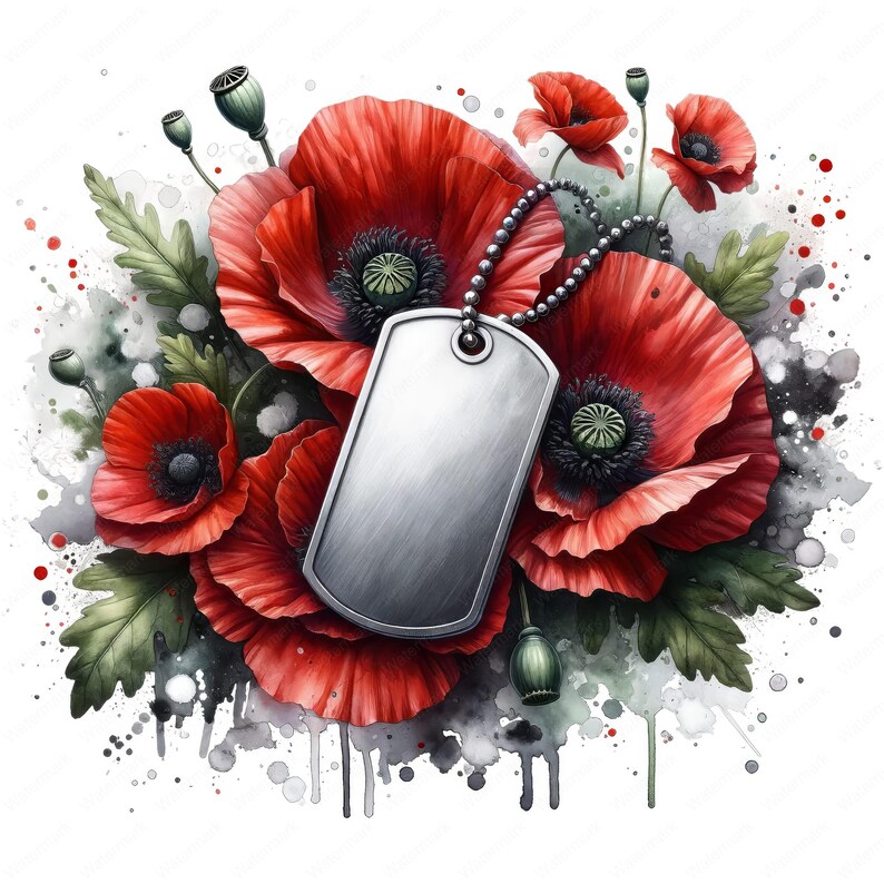 K&ouml;nnte beinhalten: Ein silberner Hundemarkenanh&auml;nger mit einer Kette h&auml;ngt an einem Strau&szlig; roter Mohnblumen mit gr&uuml;nen Bl&auml;ttern und Stielen. Der Hintergrund ist ein Aquarell aus Wei&szlig;, Grau und Schwarz.