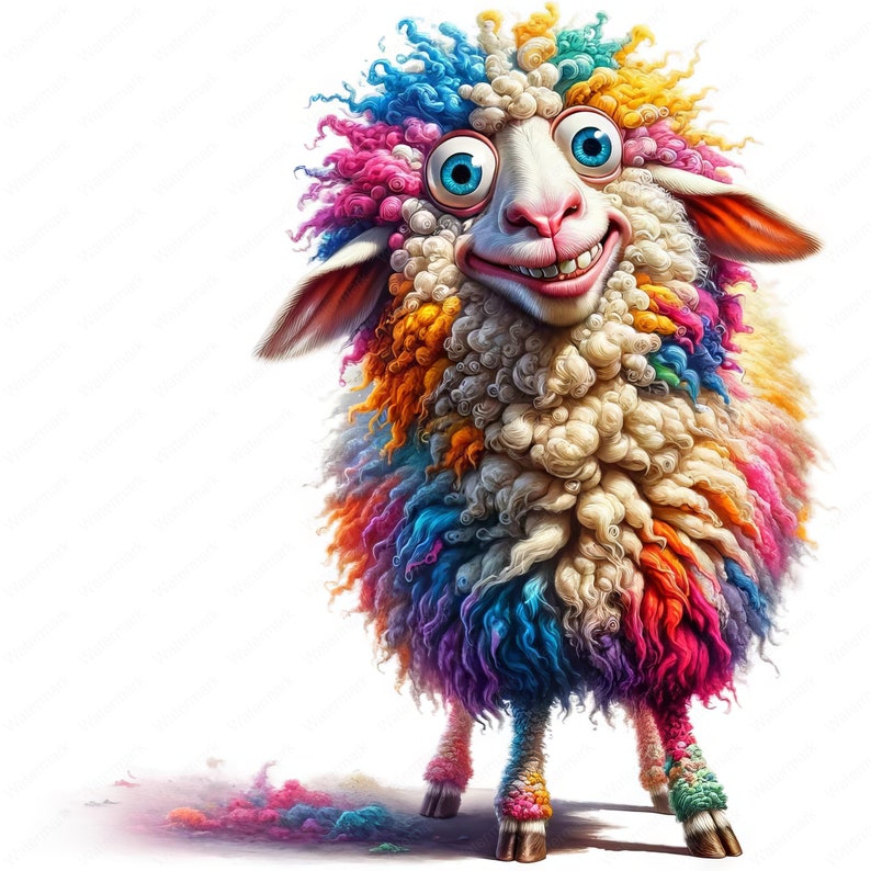 May include: A white sheep with a colorful, fluffy coat of blue, pink, orange, and yellow. The sheep has a wide, toothy grin and large, blue eyes.