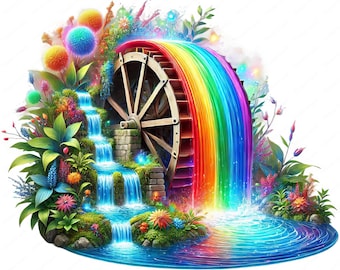 May include: A rainbow waterfall flows from a wooden water wheel into a blue pond surrounded by lush green foliage and colorful flowers.