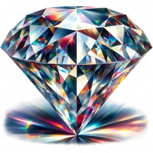 May include: A large, sparkling diamond with a rainbow of colours reflecting off its facets. The diamond is set against a white background with a burst of light emanating from its base.