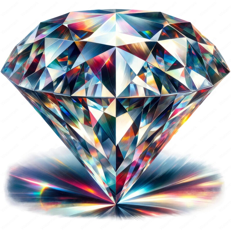 May include: A large, sparkling diamond with a rainbow of colours reflecting off its facets. The diamond is set against a white background with a burst of light emanating from its base.