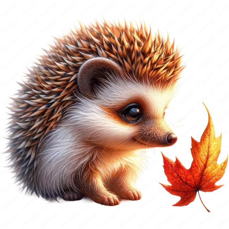 May include: A small brown and white hedgehog with a cute face looks at a red maple leaf. The hedgehog has brown and white spines and a white belly.