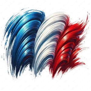 May include: Abstract artwork featuring three brushstrokes in the colors of the French flag: blue, white, and red. The strokes are thick and textured, creating a dynamic and artistic representation.
