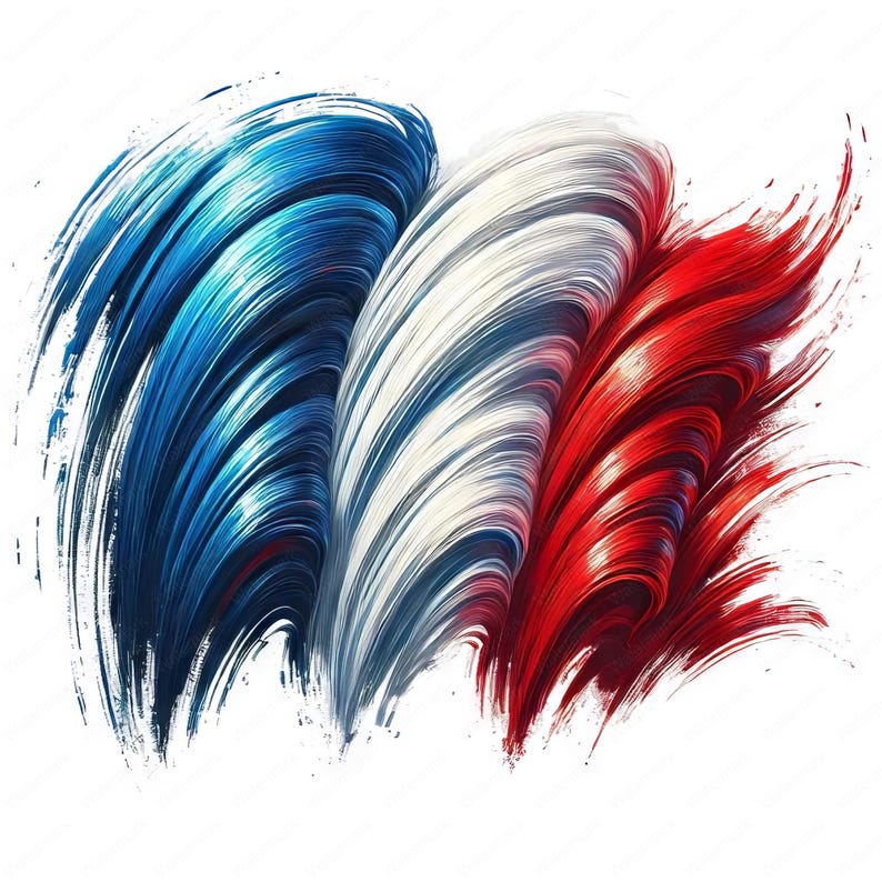 May include: Abstract artwork featuring three brushstrokes in the colors of the French flag: blue, white, and red. The strokes are thick and textured, creating a dynamic and artistic representation.
