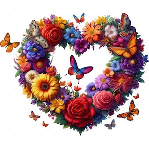 May include: A heart-shaped floral arrangement composed of vibrant flowers in shades of red, orange, yellow, blue, and purple. Several butterflies with orange, black, and blue wings are scattered around the floral heart.