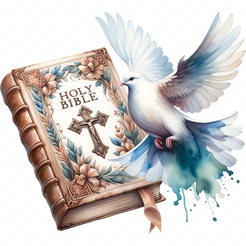 May include: Watercolor illustration of a Holy Bible with a cross and a white dove. The book is brown with gold accents and the words "Holy Bible" on the cover. The dove has white and blue wings, and is in flight.