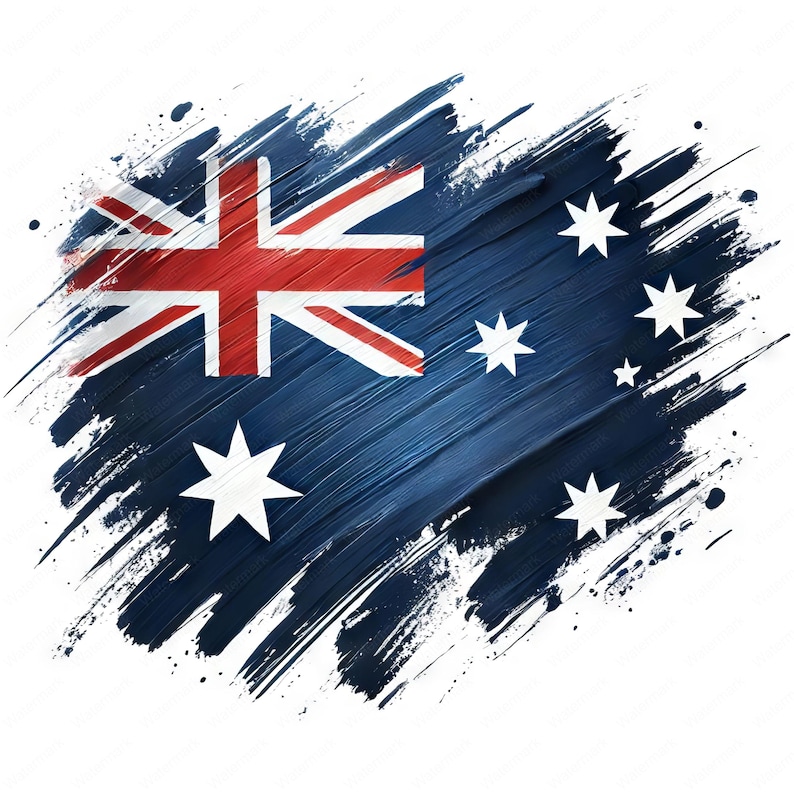 May include: A blue and white Australian flag painted with brushstrokes. The flag features a Union Jack in the upper left corner and seven white stars on a blue field.