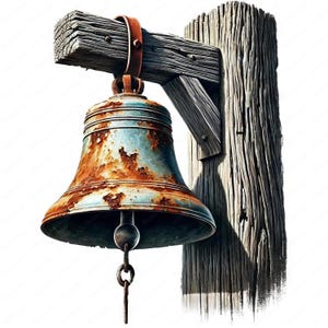 May include: A rusty metal bell hangs from a weathered wooden post. The bell has a blue-green patina and is attached to the post with a rusty metal chain.