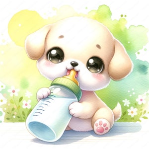 Baby Puppy with Baby Bottle Clipart 10 High-Quality Images Nursery Decor Cute Dog Illustrations Digital Prints Commercial Use zdjęcie 5