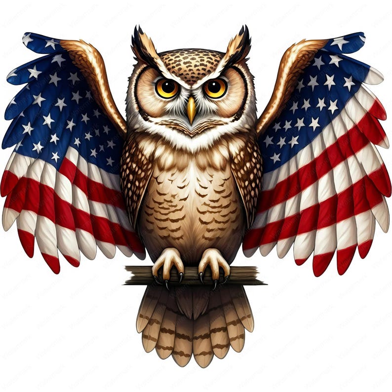 K&ouml;nnte beinhalten: Eine braune Eule mit gelben Augen ist mit ausgebreiteten Fl&uuml;geln dargestellt, die an die amerikanische Flagge erinnern. Die Federn der Eule sind detailliert, und die roten und wei&szlig;en Streifen der Flagge sind deutlich zu sehen.