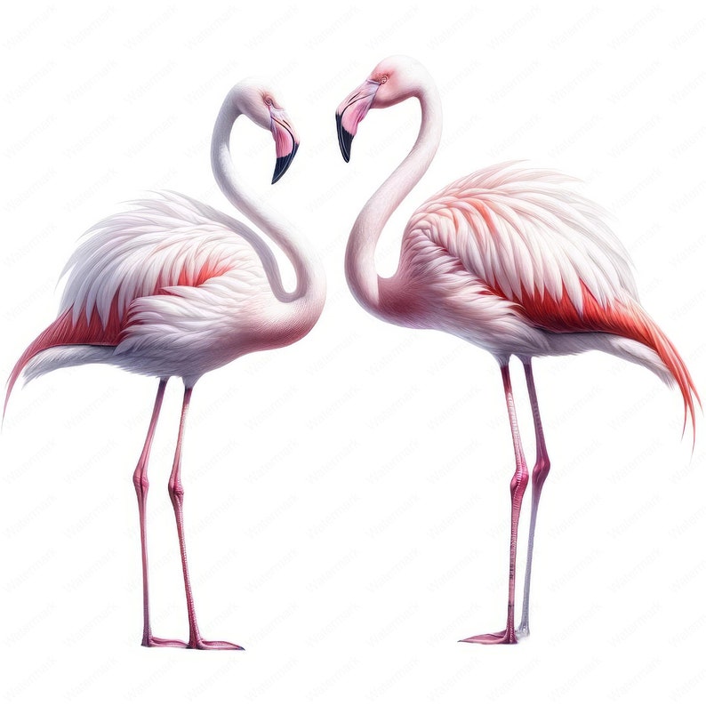 K&ouml;nnte beinhalten: Zwei rosafarbene Flamingos mit langen, schlanken H&auml;lsen und Beinen stehen sich gegen&uuml;ber. Sie haben rosafarbene Federn mit wei&szlig;en Spitzen und roten Akzenten an ihren Fl&uuml;geln. Die Flamingos stehen auf einem wei&szlig;en Hintergrund.