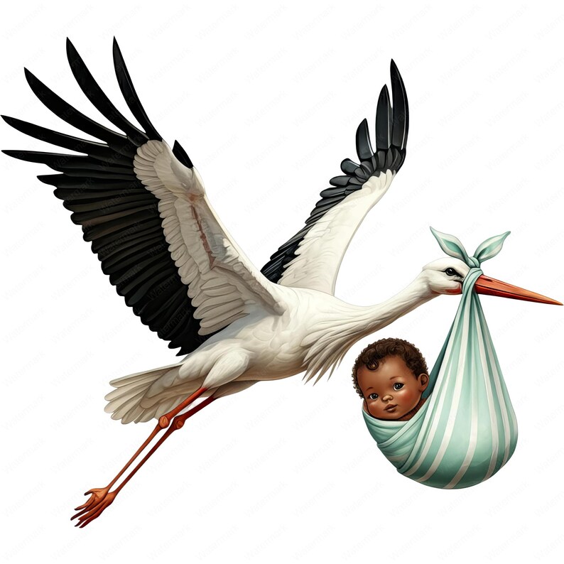 May include: A white stork with black wings carries a baby wrapped in a blue and white striped blanket. The baby is looking out of the blanket with brown eyes.
