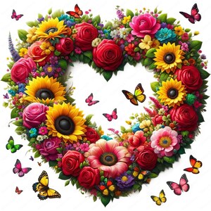May include: A heart-shaped floral wreath composed of red roses, yellow sunflowers, and various colorful flowers. Butterflies in shades of pink, yellow, and orange are scattered around the wreath, creating a vibrant and cheerful design.
