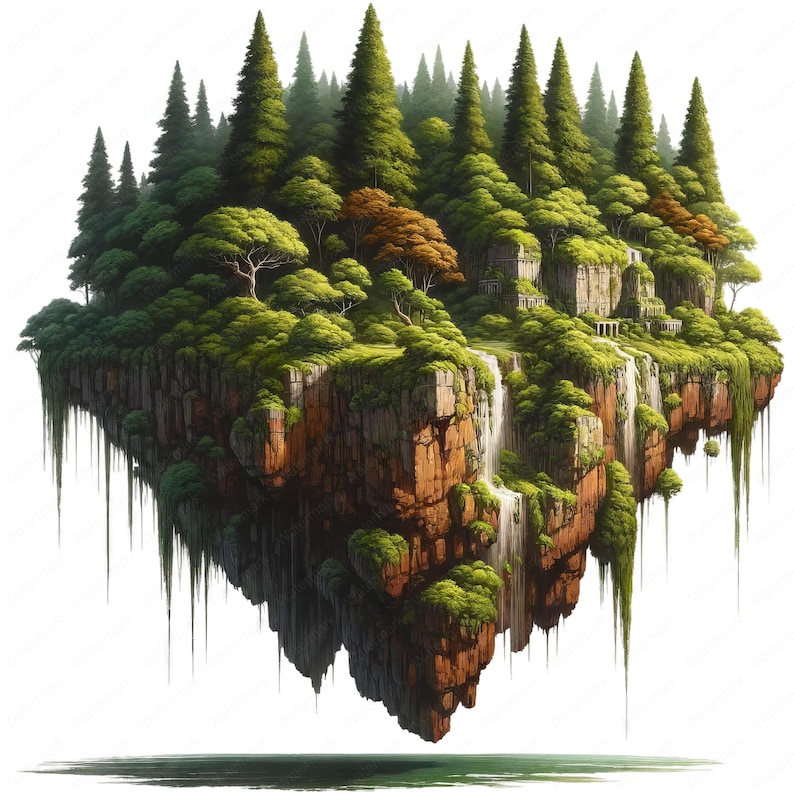 May include: A lush, green, floating island with a waterfall cascading down the side. The island is covered in trees and foliage, and there are ruins of a building on the top.