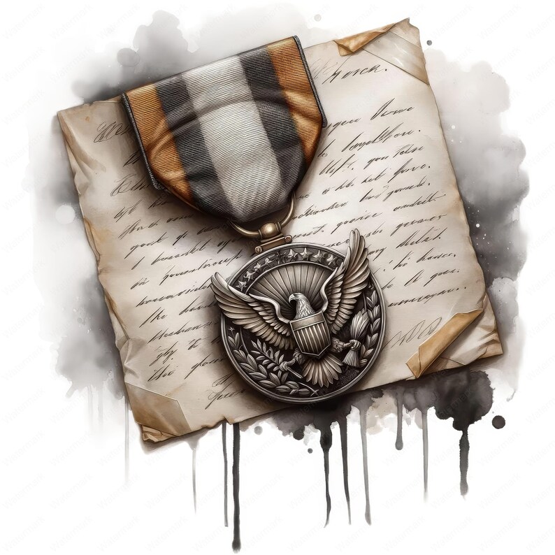 K&ouml;nnte beinhalten: Eine silberne Medaille mit einem Adlermotiv und einem Band mit orangefarbenen und schwarzen Streifen. Die Medaille liegt auf einem St&uuml;ck Altpapier mit handschriftlichem Text. Das Papier ist mit Wasserflecken versehen.