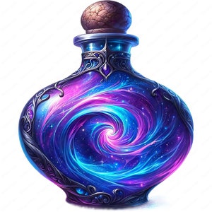 May include: A glass bottle with a swirling galaxy design inside. The bottle is decorated with intricate metalwork and has a cork stopper.