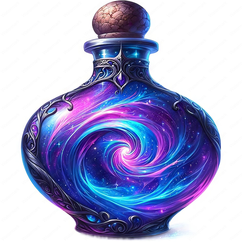 May include: A glass bottle with a swirling galaxy design inside. The bottle is decorated with intricate metalwork and has a cork stopper.
