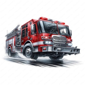 May include: A red fire truck with a ladder and a white stripe on the side. The truck is driving on a road with a white background.
