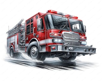 Paquete de imágenes prediseñadas de camiones de bomberos: diseños llamativos de vehículos de emergencia (descarga digital)