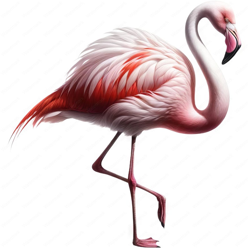 K&ouml;nnte beinhalten: Ein rosafarbener Flamingo mit roten Federn steht auf einem Bein und hat den Kopf nach unten geneigt. Der Flamingo ist vor einem wei&szlig;en Hintergrund isoliert.