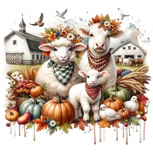 May include: A watercolor painting of a white cow and three white sheep with fall-themed decorations. The cow is wearing a red and white checkered bandana and a wreath of fall leaves and flowers. The sheep are wearing bandanas and wreaths. The background includes a white barn, pumpkins, and fall leaves.