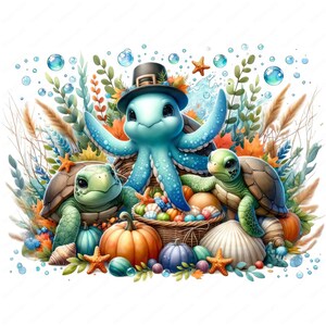 May include: A blue octopus wearing a pilgrim hat sits in a basket filled with fall harvest items. Two green sea turtles are on either side of the basket. The scene is surrounded by fall leaves, seashells, and starfish.