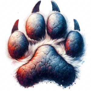 May include: A close-up of a large, furry animal paw print. The paw print is painted in shades of blue, red, and orange, with a white background. The paw print has five toes and claws.