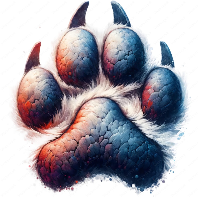 May include: A close-up of a large, furry animal paw print. The paw print is painted in shades of blue, red, and orange, with a white background. The paw print has five toes and claws.