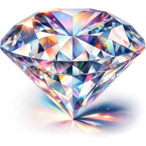 May include: A large, clear diamond with a rainbow iridescent sheen. The diamond is faceted and has a pointed tip.