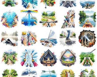 Adventure Sports Clipart, 25 PNG Designs, Extreme Outdoor Watercolor Graphics, Instant Download, Commercial Use