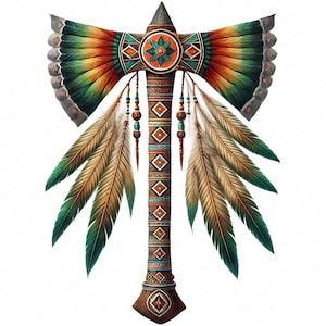 May include: A Native American tomahawk with a wooden handle and a metal head. The handle is decorated with colorful geometric patterns and feathers. The head is adorned with a starburst design and feathers.