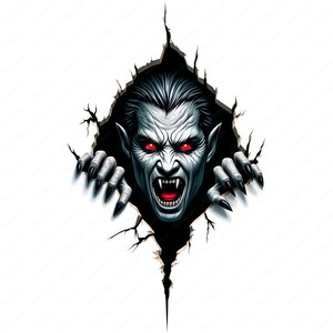 Puede incluir: Un vampiro aterrador de piel blanca, ojos rojos y dientes afilados est&aacute; saliendo de una pared agrietada. El vampiro tiene una expresi&oacute;n amenazante y est&aacute; extendiendo sus garras.