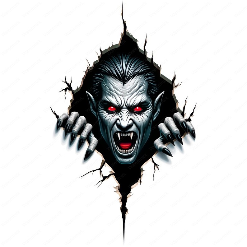 Puede incluir: Un vampiro aterrador de piel blanca, ojos rojos y dientes afilados est&aacute; saliendo de una pared agrietada. El vampiro tiene una expresi&oacute;n amenazante y est&aacute; extendiendo sus garras.