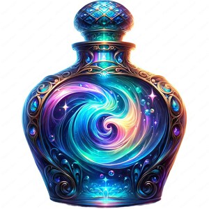 May include: A decorative glass bottle with a gold ornate design and a swirling galaxy inside. The bottle has a blue and green lid with a diamond pattern.