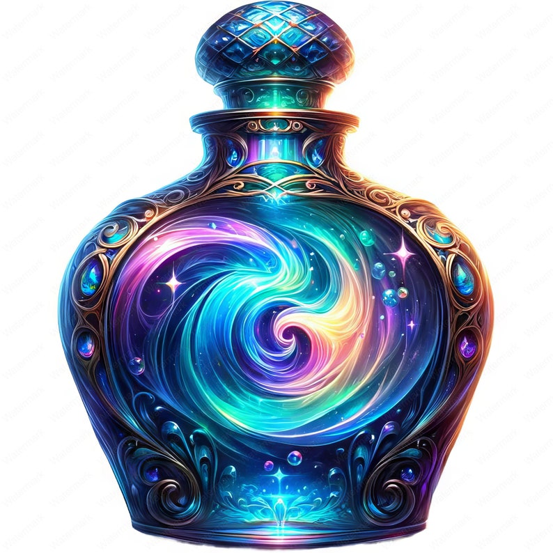 May include: A decorative glass bottle with a gold ornate design and a swirling galaxy inside. The bottle has a blue and green lid with a diamond pattern.
