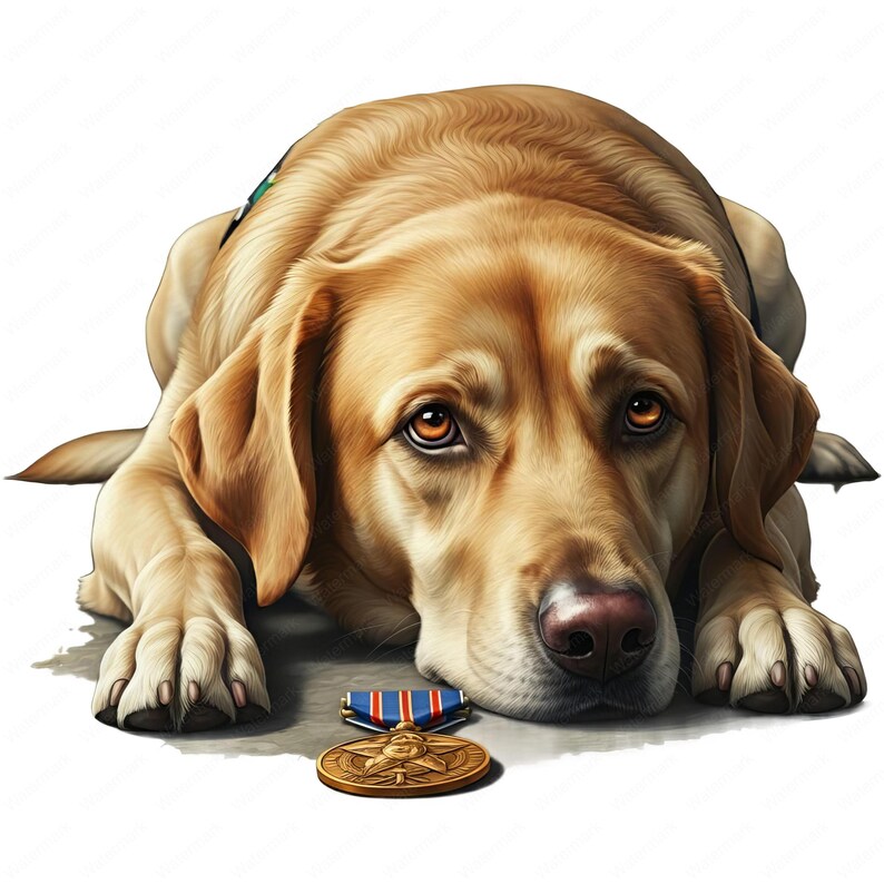 K&ouml;nnte beinhalten: Ein goldgelber Labrador Retriever mit braunen Augen liegt mit dem Kopf auf dem Boden. Der Hund tr&auml;gt ein blaues und rotes Halsband. Vor dem Hund liegt eine bronzene Medaille mit einem blauen und roten Band.