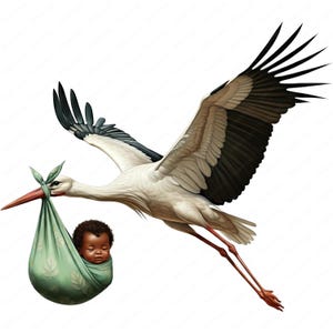 May include: A white stork with black wing feathers flies with a green swaddled baby in its beak. The baby has dark skin and brown hair.