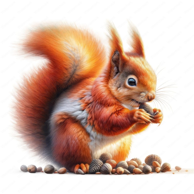 May include: A detailed illustration of a red squirrel holding a nut, with a fluffy tail and fur. The squirrel is surrounded by a collection of nuts and pinecones on a white background. The squirrel's fur is a mix of orange, red, and white.