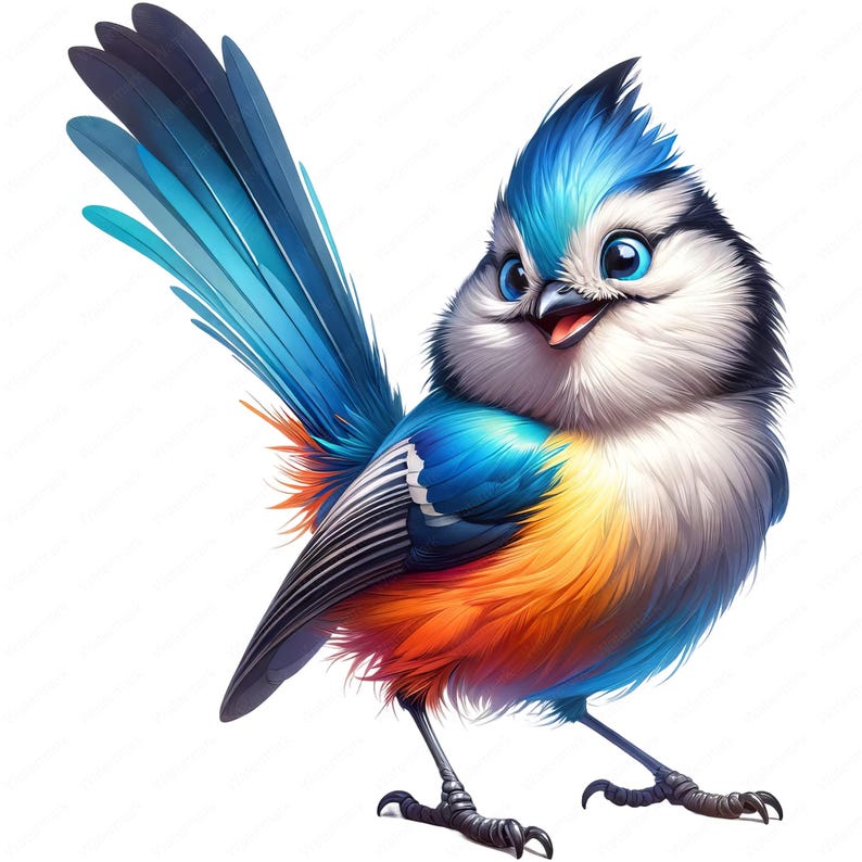 May include: A colorful cartoon bird with blue, orange, and white feathers. The bird has a large, round head and a long, pointed beak. It is smiling and has a friendly expression.
