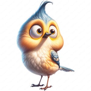 May include: A cartoon bird with a blue crest, large yellow eyes, and a fluffy yellow body. The bird has a blue tail and is standing on two legs.
