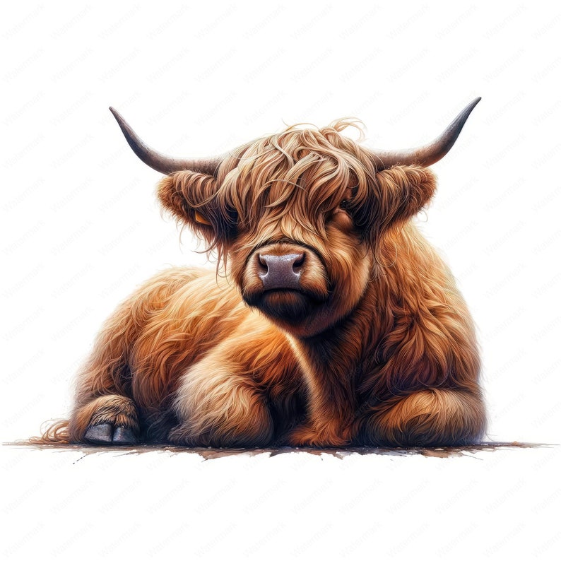May include: A close-up of a brown Highland cow with long, shaggy fur. The cow is lying down with its head resting on its front legs. The cow has a white nose and a black nose.