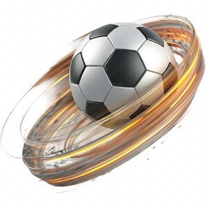 May include: A black and white football with a blurred orange and yellow background. The ball appears to be spinning rapidly.