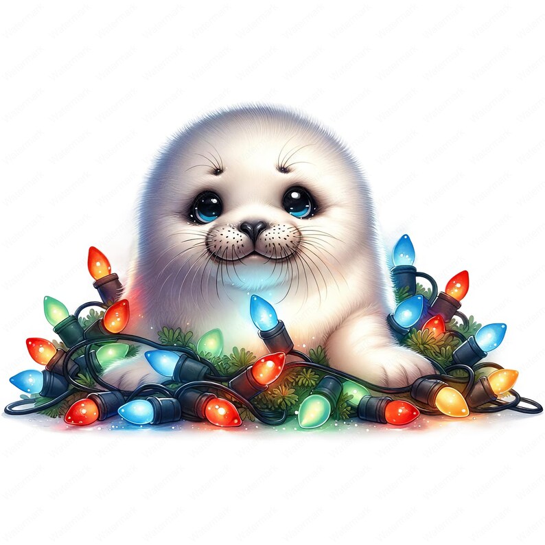 May include: A white seal pup with big blue eyes is nestled in a pile of colorful Christmas lights. The lights are tangled around the pup's body and create a festive scene.