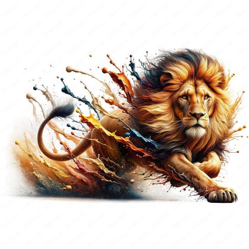 Pu&ograve; includere: Un maestoso leone con una criniera fluente corre attraverso un'esplosione di schizzi di vernice colorata. La pelliccia del leone &egrave; di un marrone intenso, e la vernice &egrave; un mix di giallo, arancione, blu e bianco.
